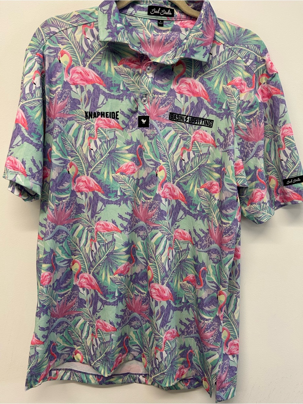 Bad Birdie Golf Mint Green Polo with Pink Flamingo Print